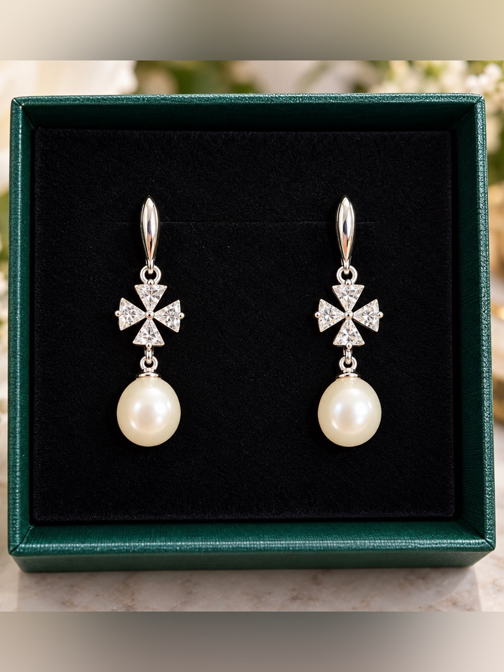 Elegant Pearl Drop Dangle Earrings Silver Tone Crystal Maltese Cross Bridal